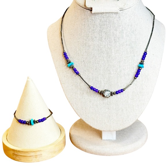 Vintage Southwestern Genuine Turquoise Gemstone Beaded Liquid Silver Set - Picture 1 of 6